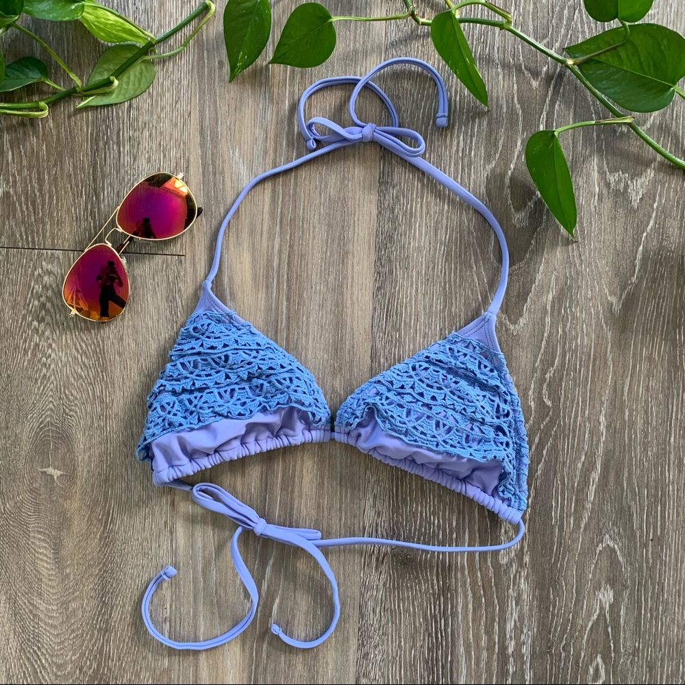 Triangle string bikini top, periwinkle blue with lace overlay design, size M